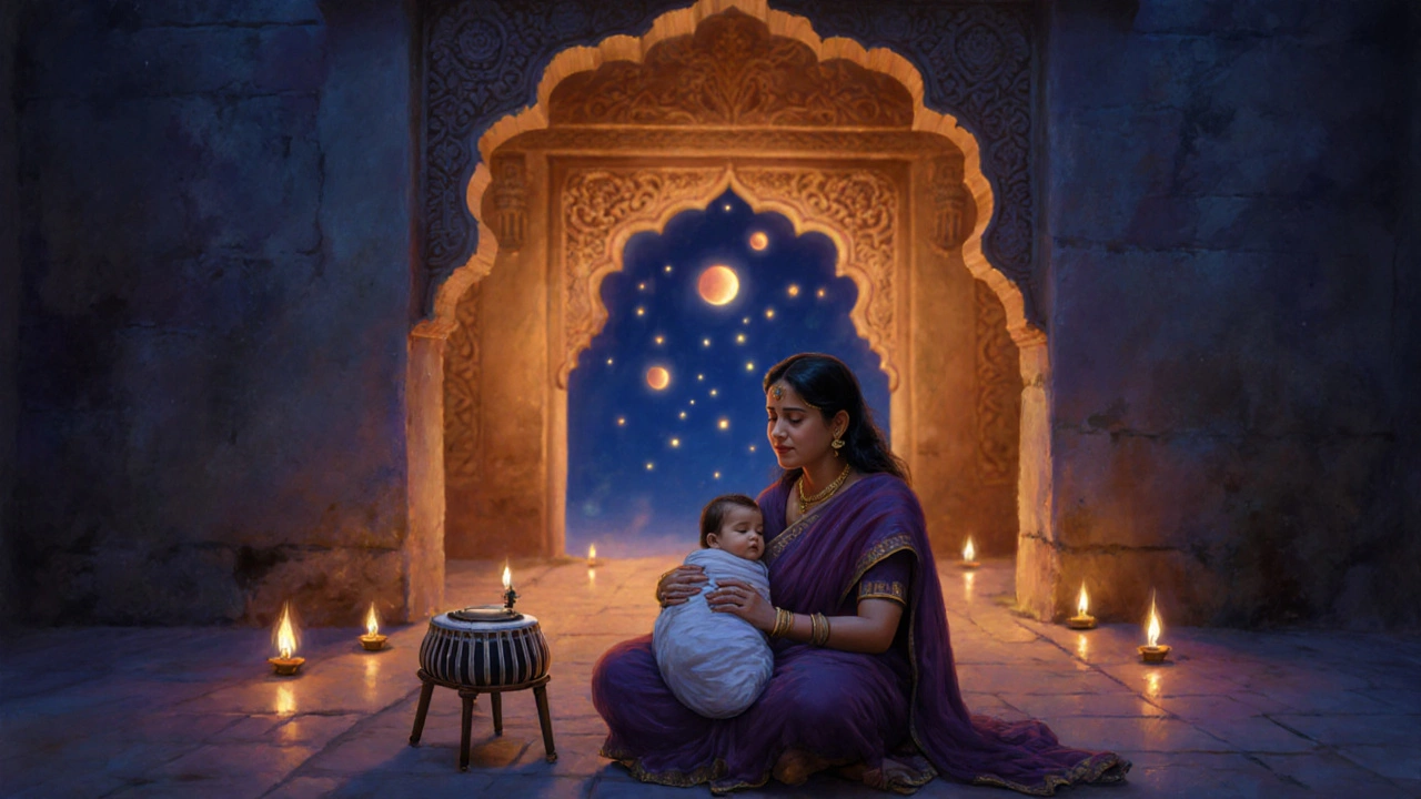 A mother sings a lullaby to her baby beside a tanpura in a twilight Indian courtyard.