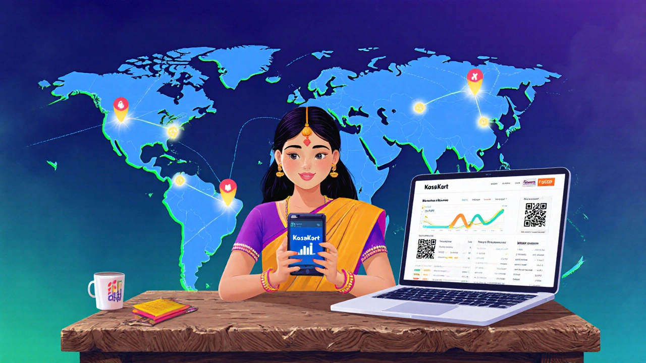 Artisan using smartphone and laptop to sell crafts online with global map overlay.