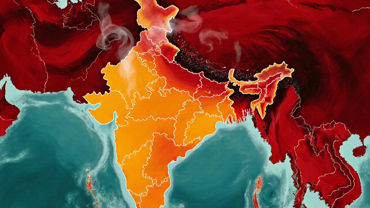 Artistic map of India showing heat gradient colors over different states.