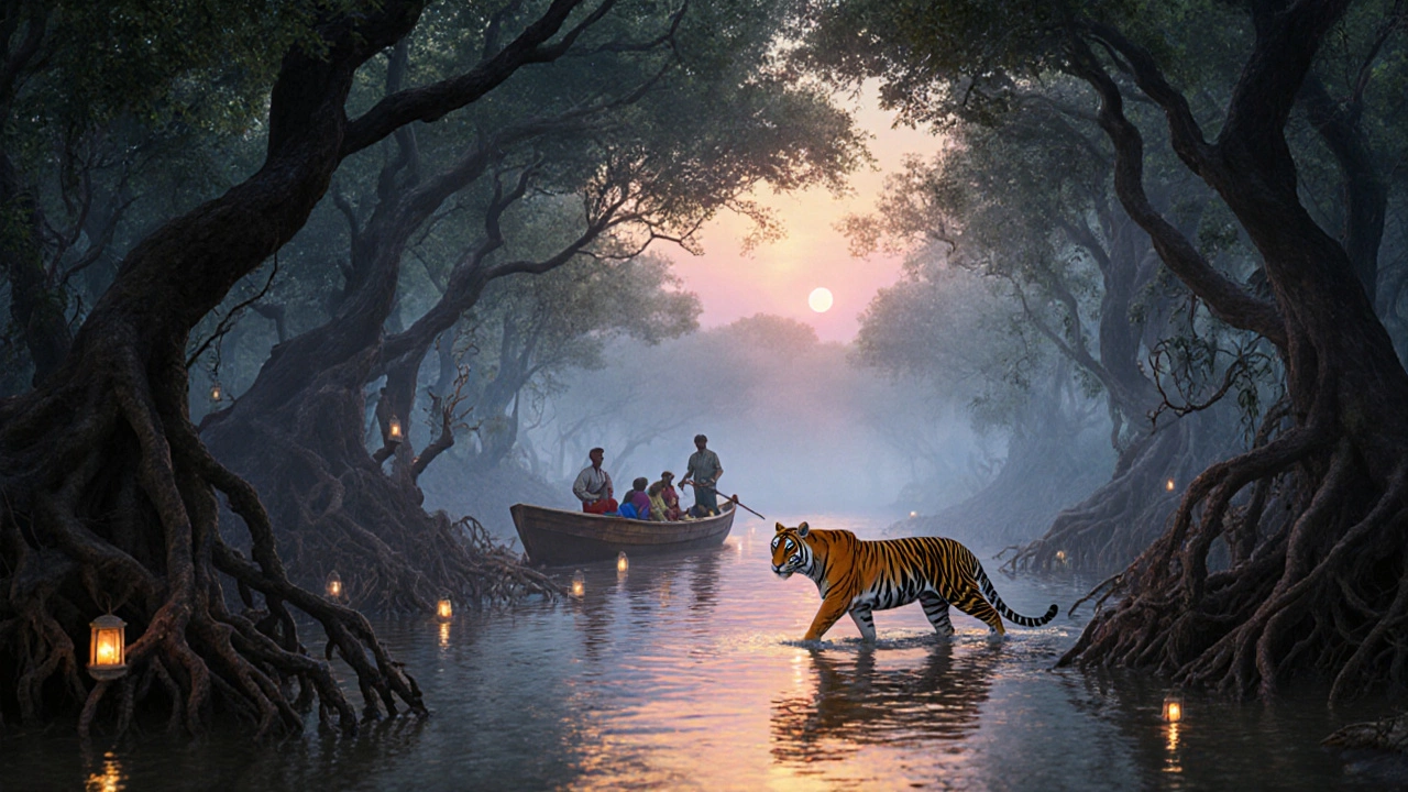 Bengal tiger emerging in misty Sundarbans mangrove during sunrise.