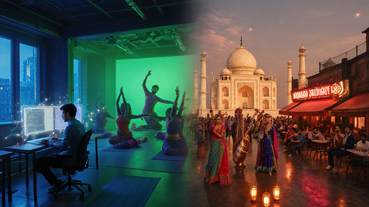 Blend of tech office, yoga studio, Bollywood set, and diaspora street scene.