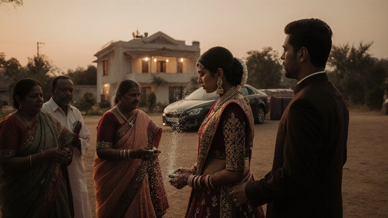 Bride saying goodbye to her parents, throwing rice as she leaves for her new home.