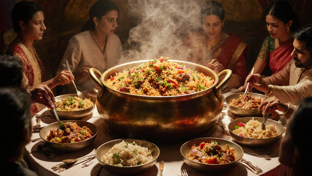 Cinematic banquet featuring biryani and other top Indian dishes.