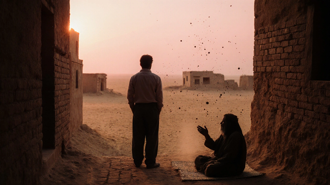 Cinematic sunrise scene of visitor at Kuldhara Village, storyteller sharing legends.