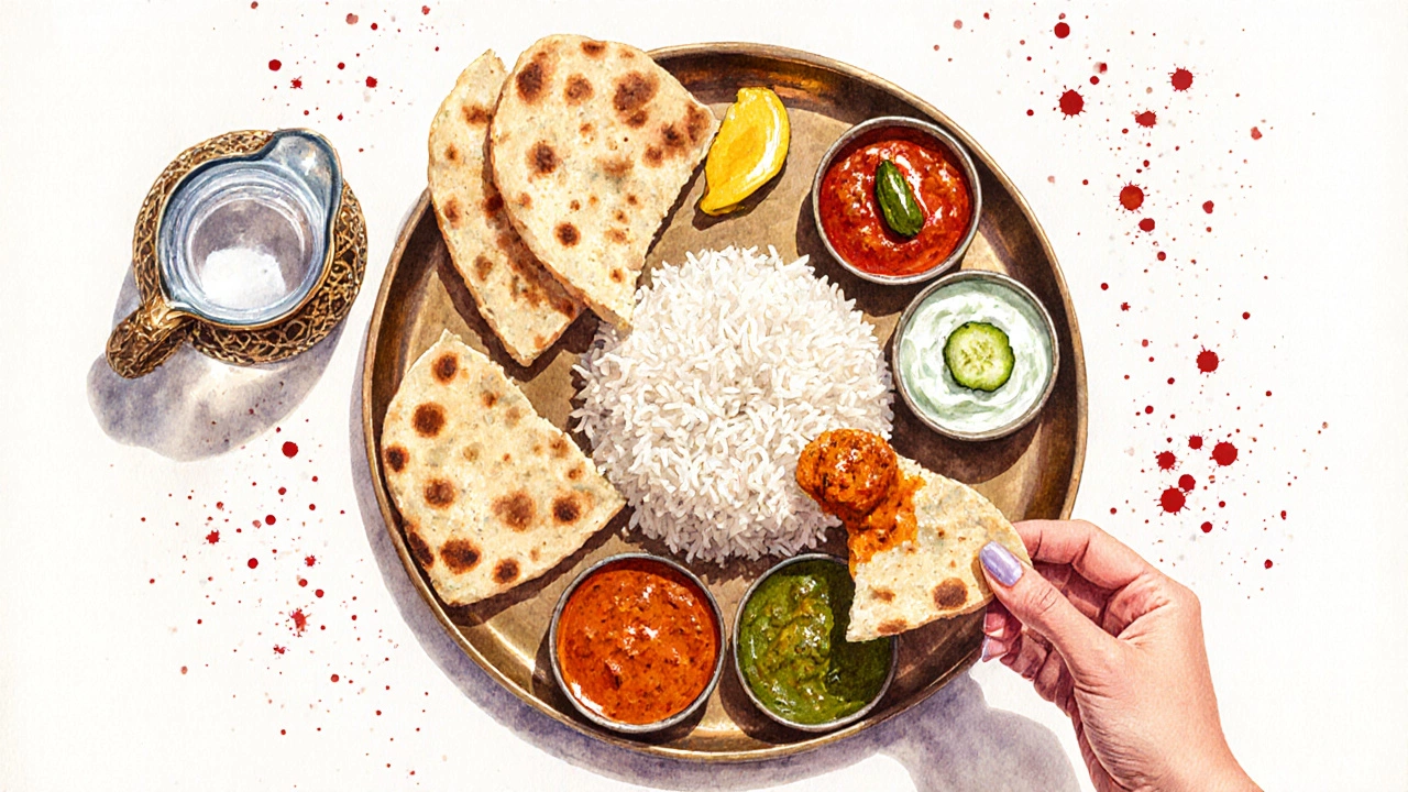 Close-up of a colorful Indian thali with rice, naan, curry, ghee, pickle, and raita.