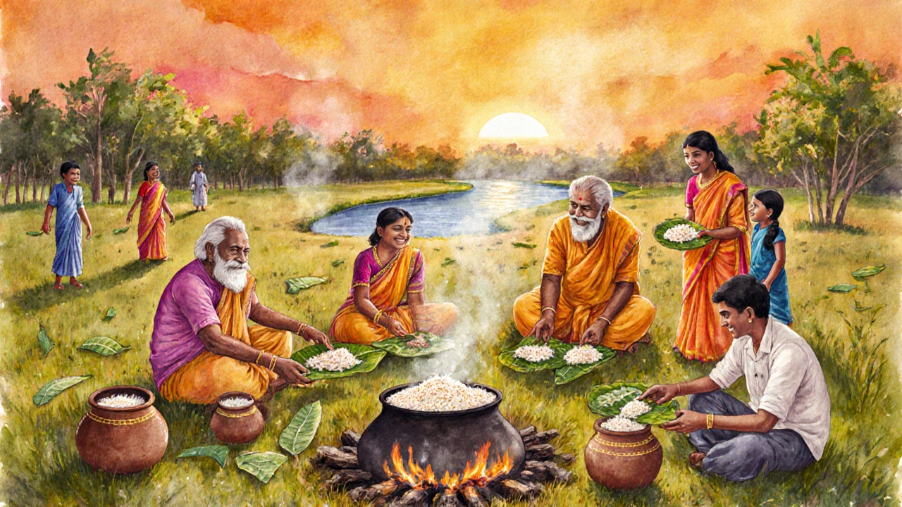 Community celebrating Pongal with boiled rice, elders, and children sharing a festive meal outdoors.