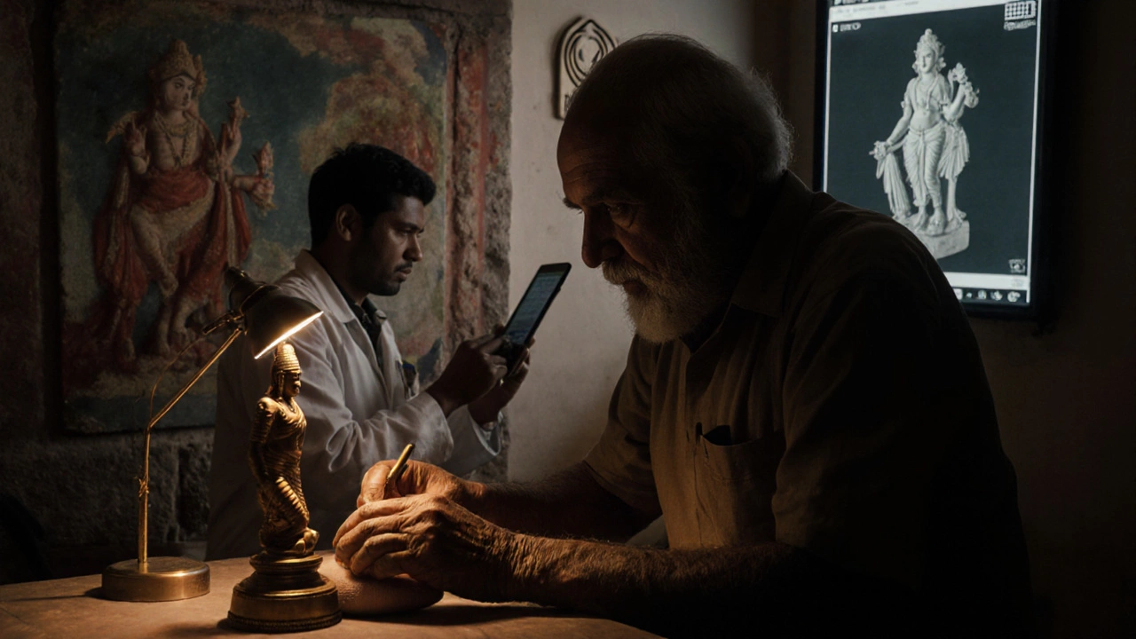 Conservation workshop with artisan polishing bronze, scientist restoring fresco, and digital scan.