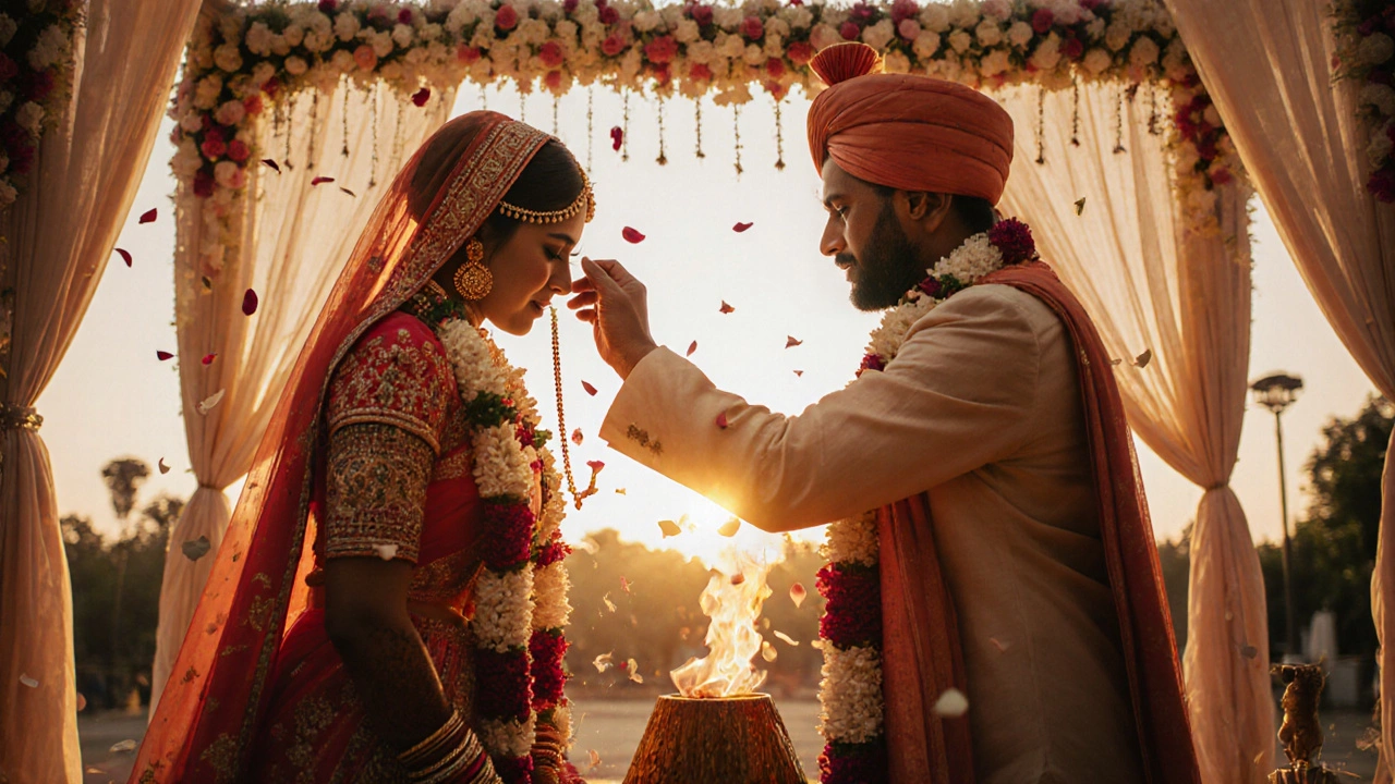 Couple circling sacred fire during Hindu wedding ceremony under a decorated mandap.