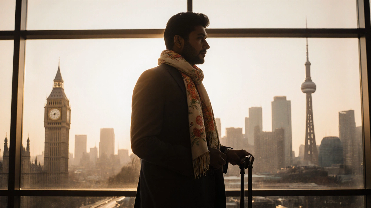 Diaspora person at airport with mixed modern and traditional attire and blurred city skylines.