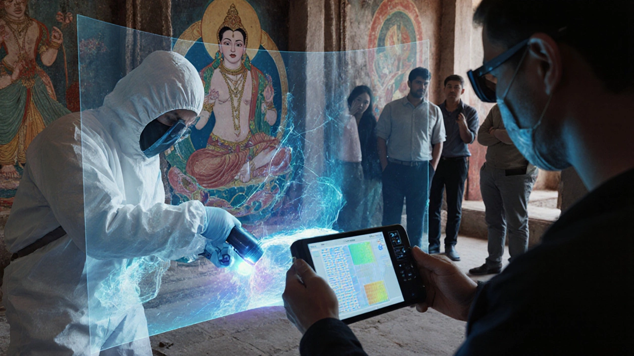 Digital artwork of conservationists using laser cleaning and holographic overlays on an Ajanta mural.