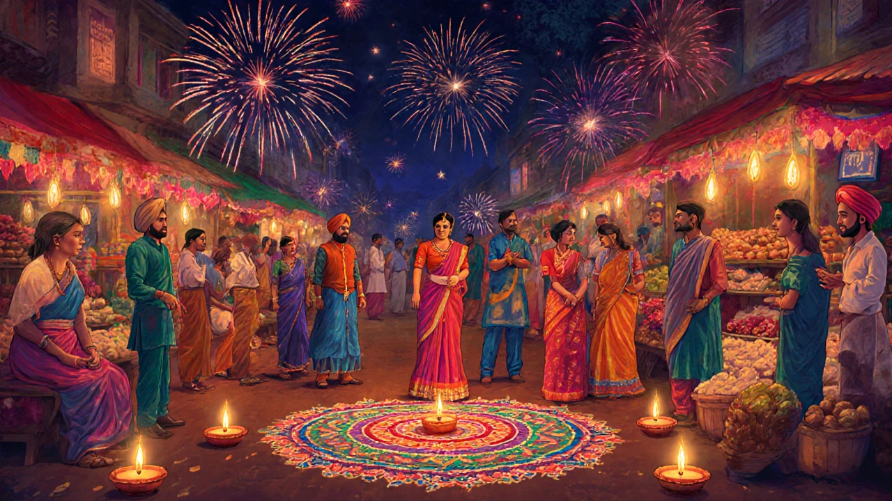 Diwali night market with diverse Indian people, lamps, rangoli, and fireworks.