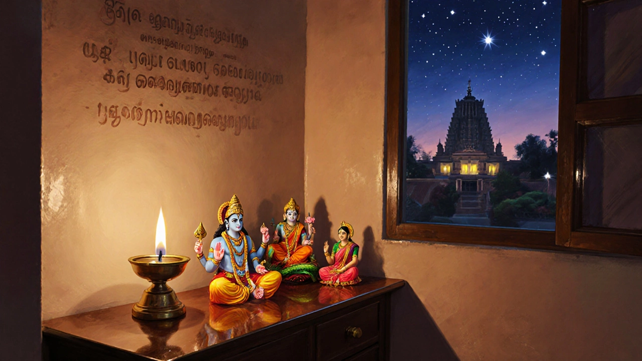 Family performing puja at a home shrine with icons of Shiva, Vishnu, and Amman, lamp light glowing.