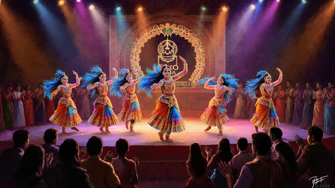 Festival stage with Kalbeliya dancers performing under colorful lights and a UNESCO logo.