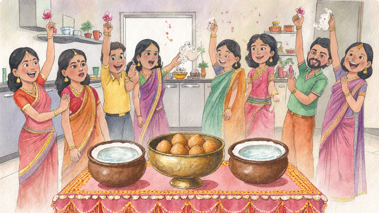 Festive Hindu gathering with sweet prasad and coconut water.