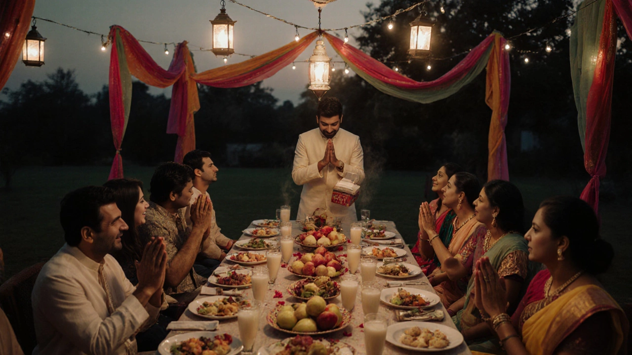 Festive Indian dinner with guests, sweets, lanterns, and a host receiving a gift.