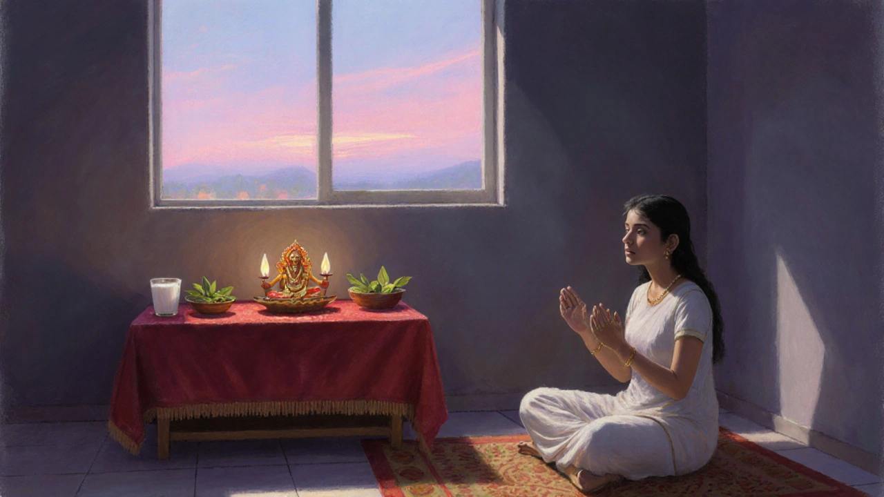 Home altar with Shiva linga, diya, bilva leaves, and a meditator at dawn.