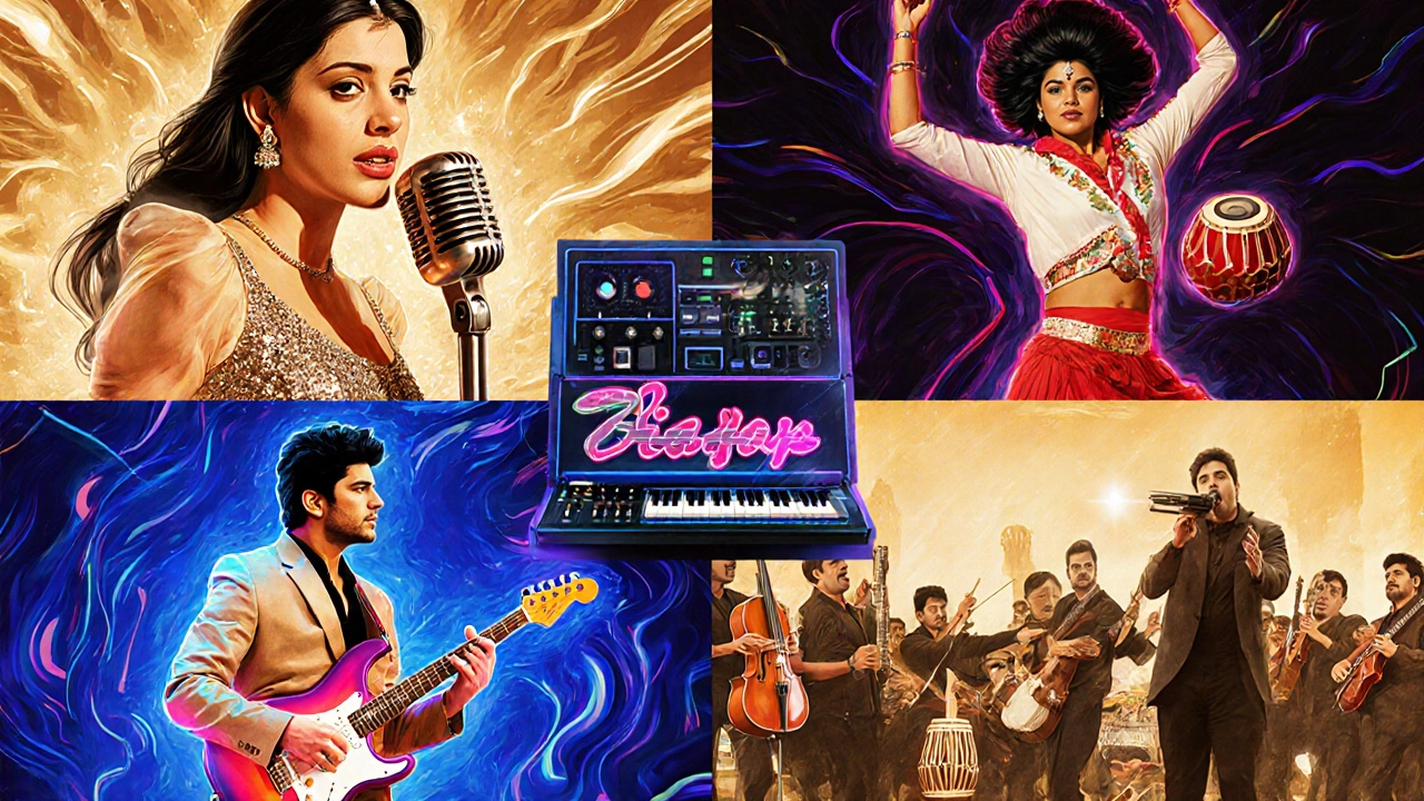 Illustration mixing Bollywood singer, 80s IndiâPop artist, Bhangra dancer, qawwali vocalist, and Tamil film musicians.