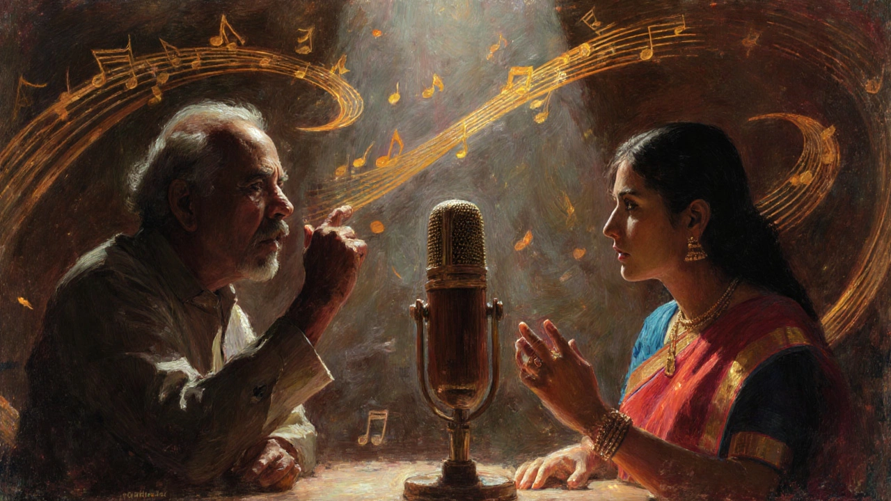 Impressionist radio studio showing Joshi and Subbulakshmi's music spreading as light ribbons.