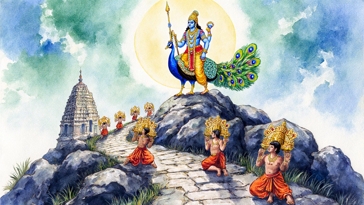 Lord Murugan on a peacock holding a spear, with devotees bearing kavadi during Thaipusam.