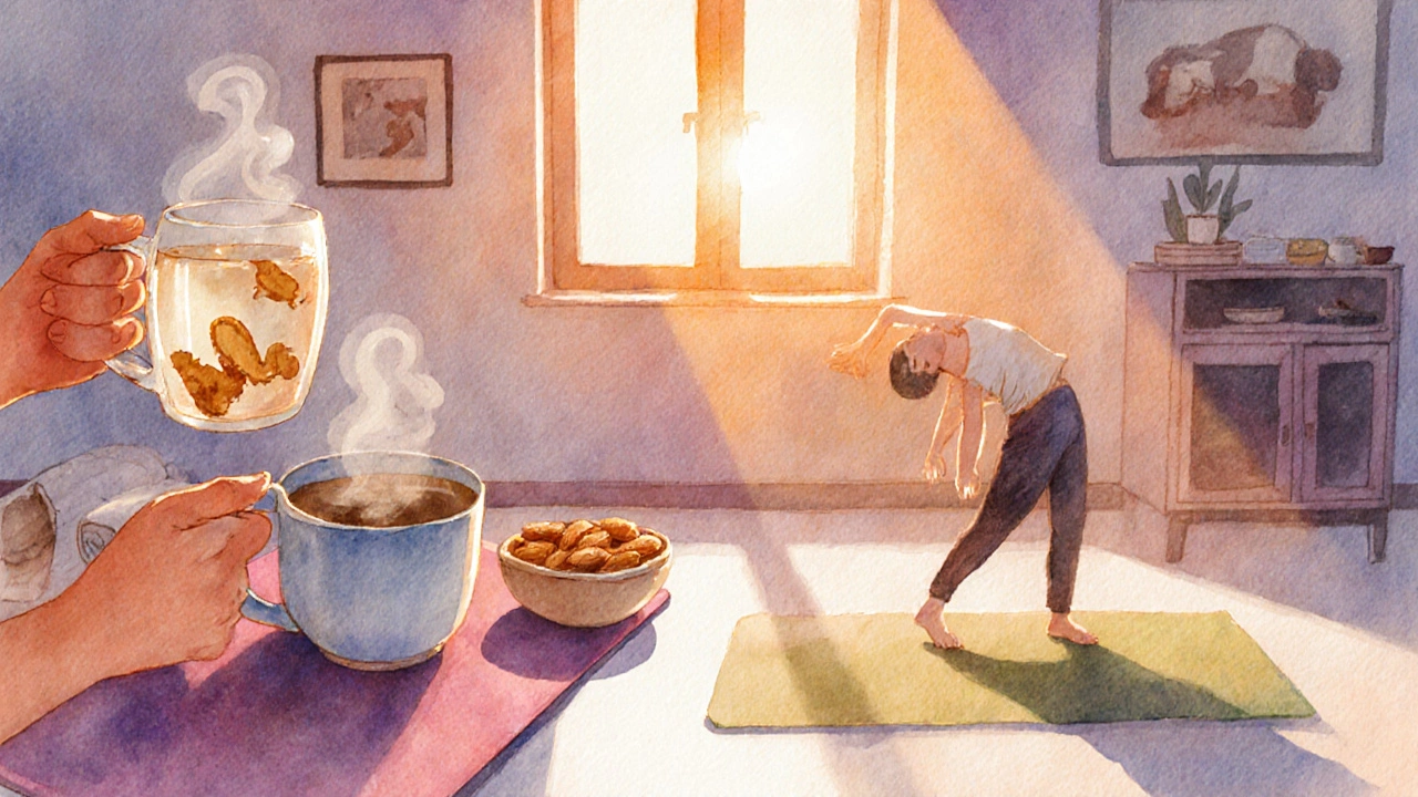 Morning kitchen scene with ginger tea, almonds, and a person doing yoga.