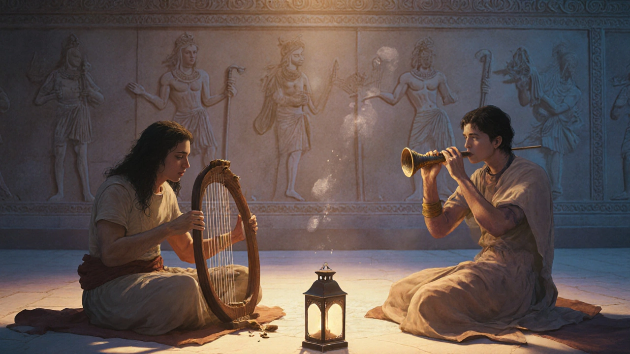 Musicians perform a Hurrian lullaby on a lyre and bronze double‑pipe in an ancient hall.