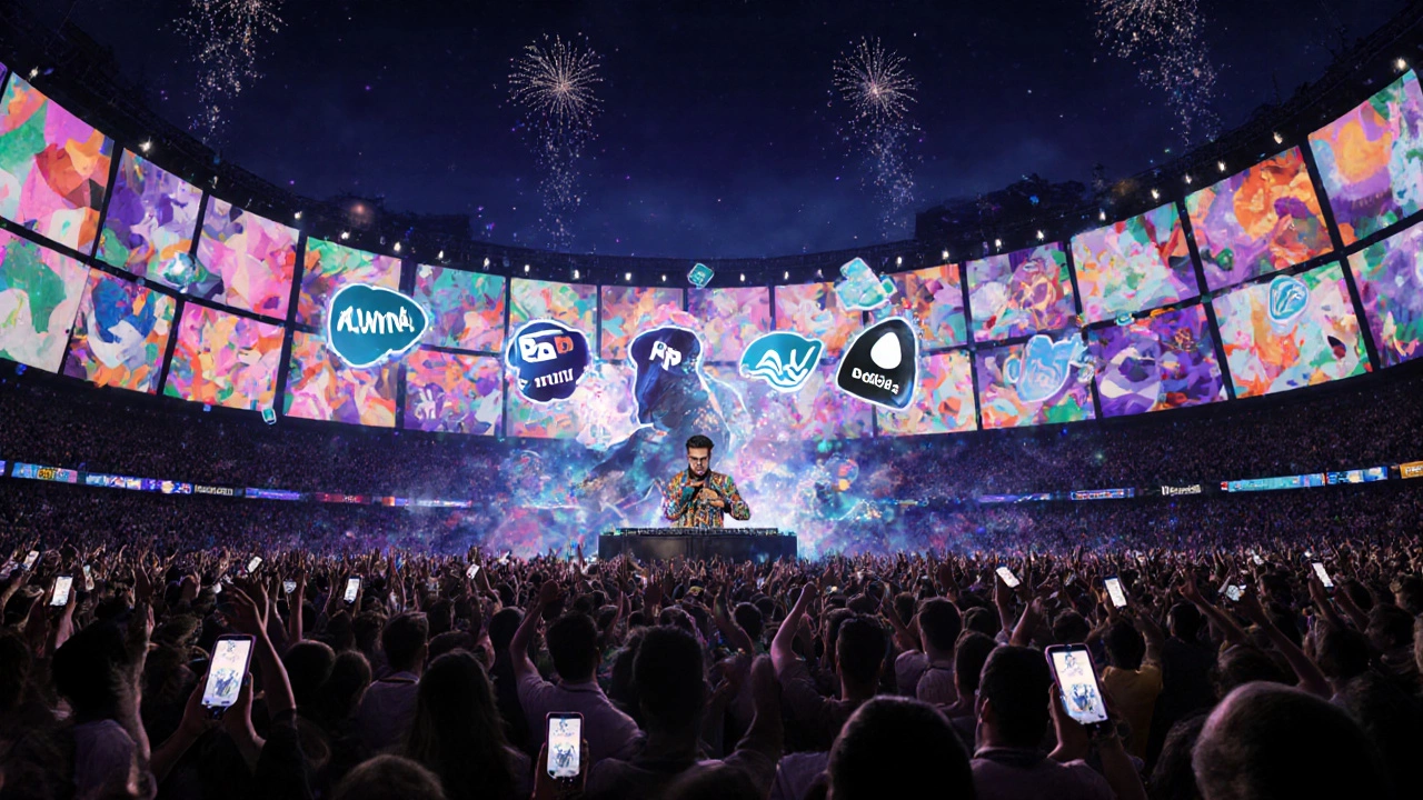 Night concert with DJ, rapper, streaming holograms, and a crowd dancing under LED lights.