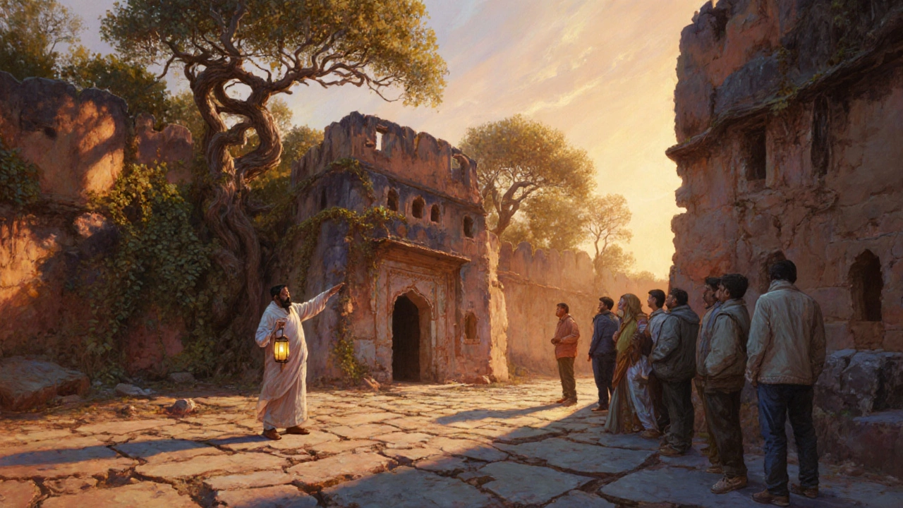 Oil painting of Bhangarh Fort sunrise with guide pointing to ruins, tourists listening.