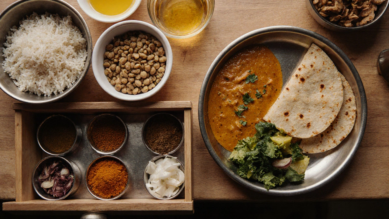 Overhead view of a Gujarati kitchen with separate onion and garlic drawer.
