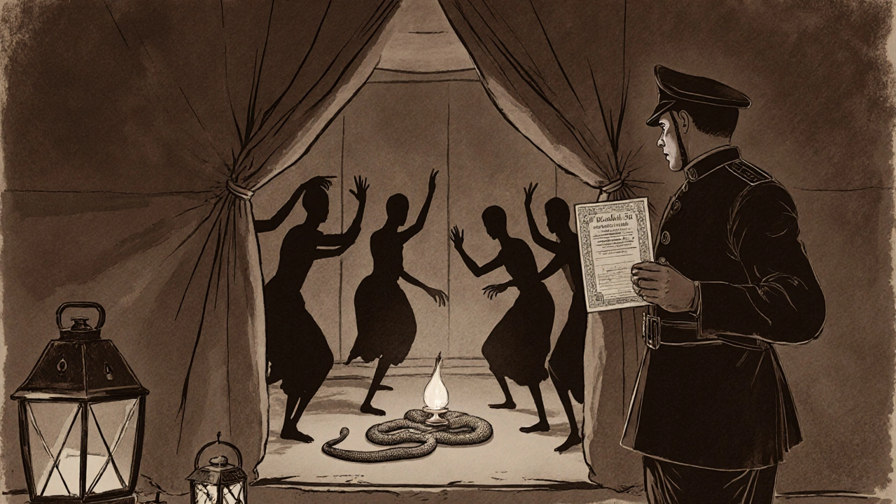 Sepia illustration of hidden Kalbeliya rehearsal observed by a British officer with a permit.