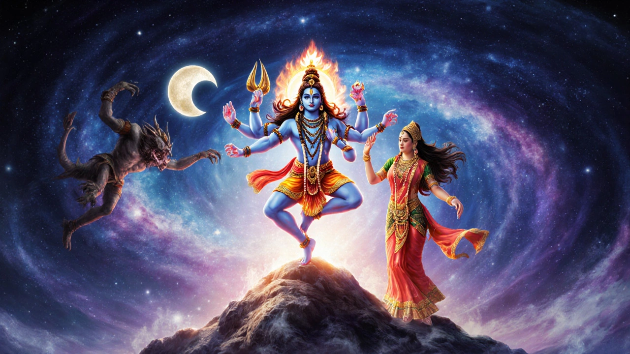 Shiva dances cosmic Tandava with galaxies, moon restoration, and Parvati beside him.