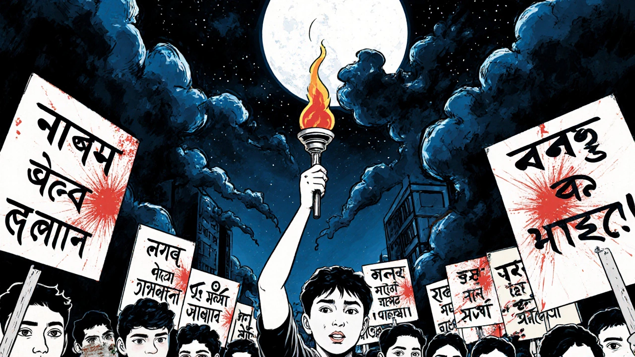 Students marching at night with Bengali script placards during the 1952 Language Movement.