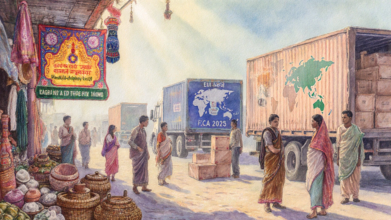Tourist market with sustainable crafts, GI tag banner, and export crates ready for shipment.