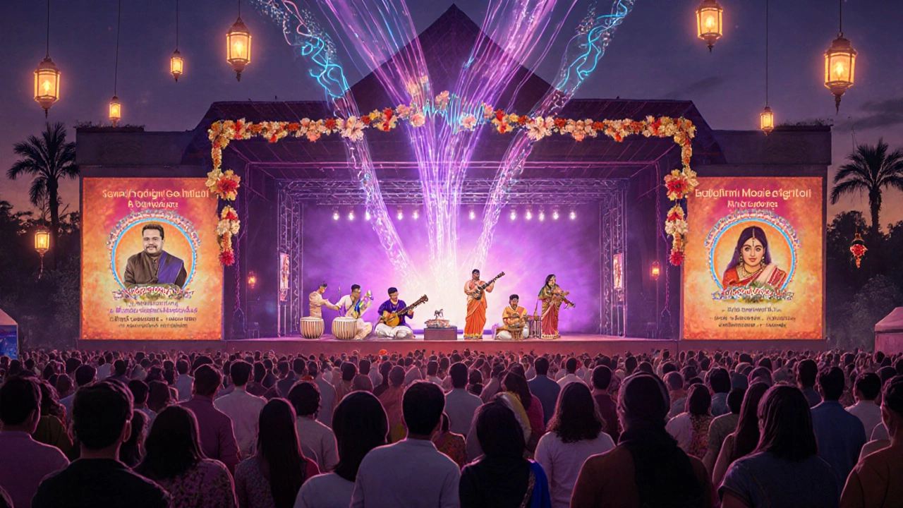 Twilight festival stage with performers and holographic streaming waveforms honoring both singers.