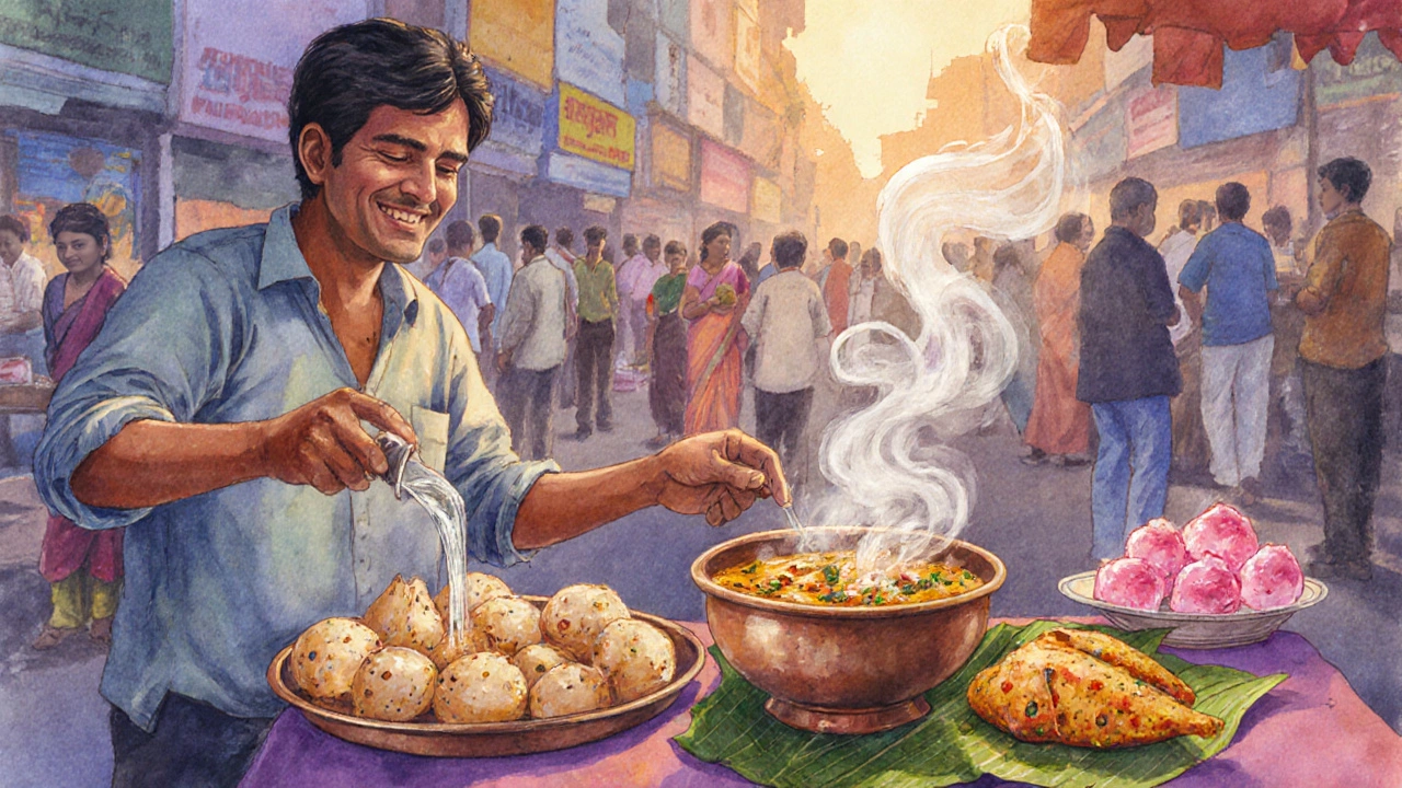 Vibrant Bengali food spread featuring fish curry, puchka, and rosogolla.