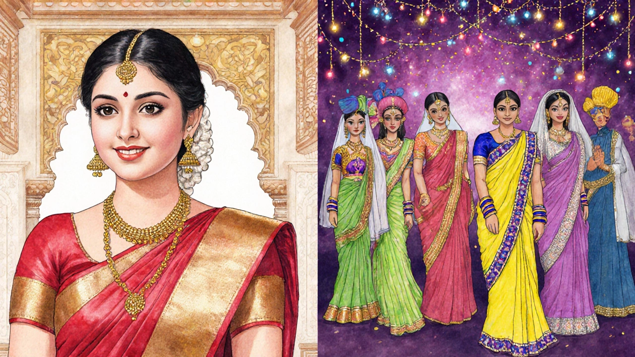 Watercolor contrast of respectful wedding sari and exaggerated costume party.