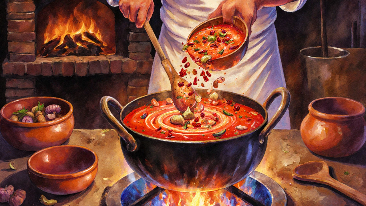 Watercolor illustration of a chef cooking bright red Phaal Curry over an open flame.
