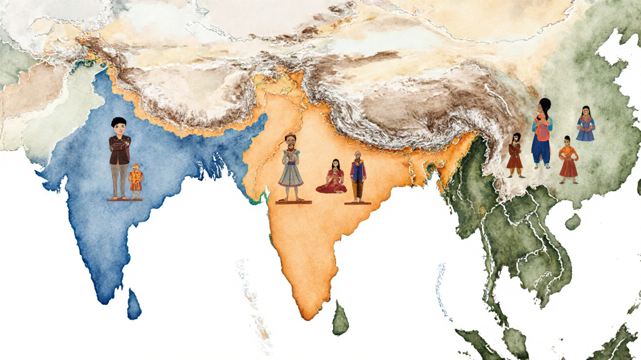 Watercolor map of India showing three ancestral zones with representative figures.
