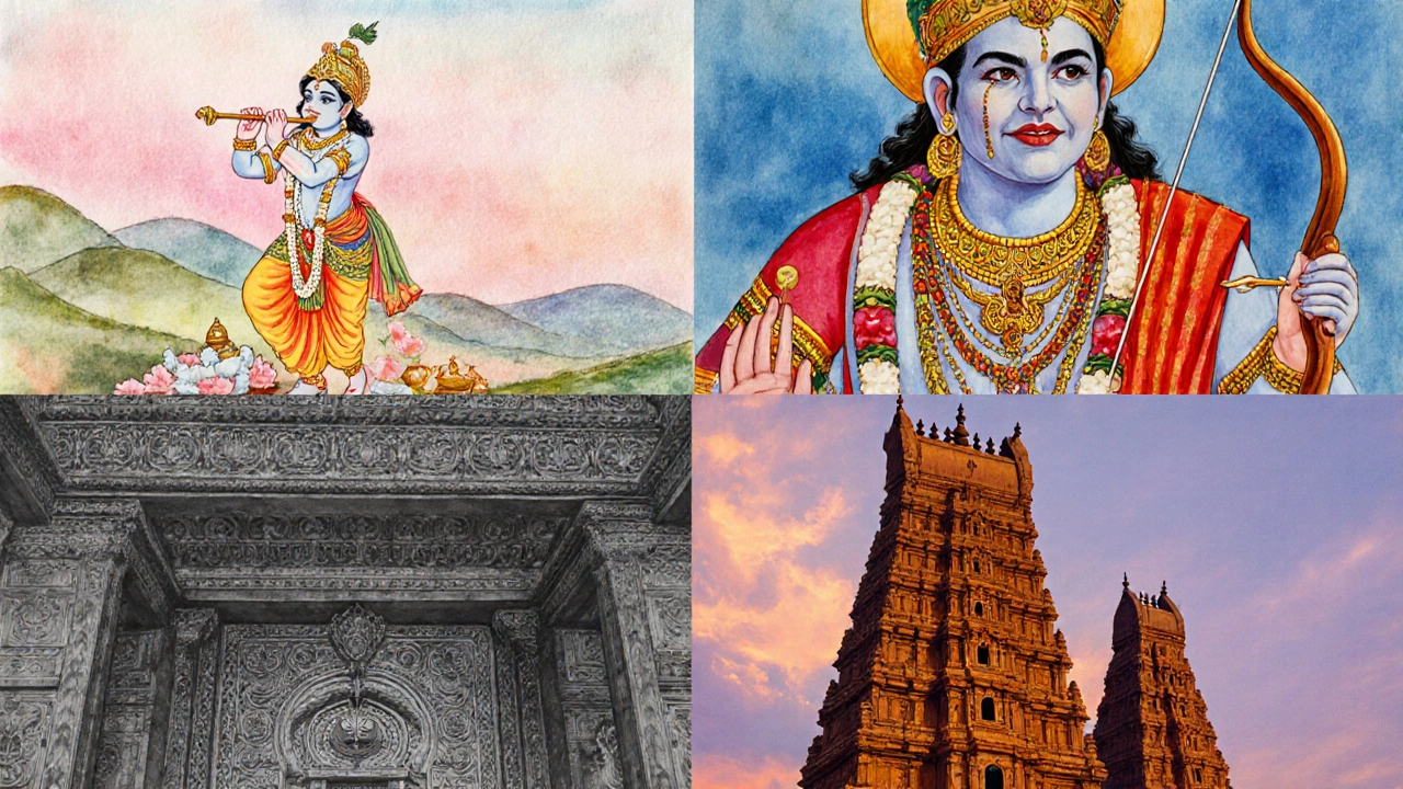 Watercolor montage of Pahari Krishna, Rajasthani Ram, Khajuraho carvings, and Dravidian gopuram.