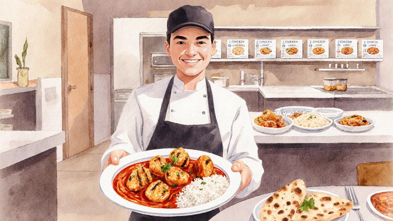 Watercolor scene of chicken tikka masala served in a UK restaurant.