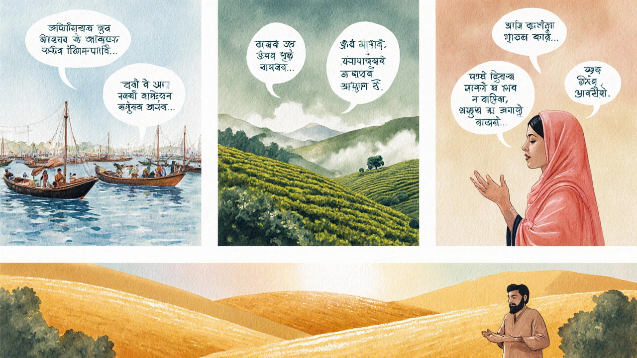 Watercolor vignettes of Chittagong, Sylhet, and Rangpur showing local people and dialect script.