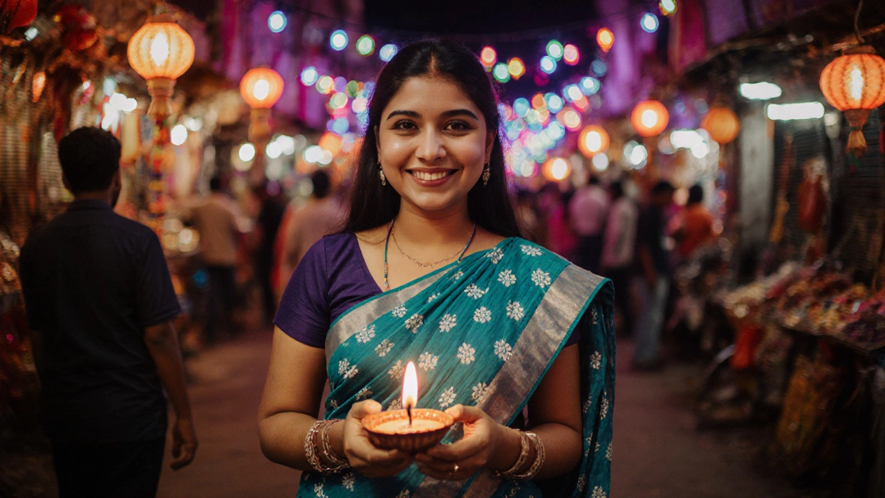 Woman in teal cotton sari holds a glowing diya at a festive Diwali market.