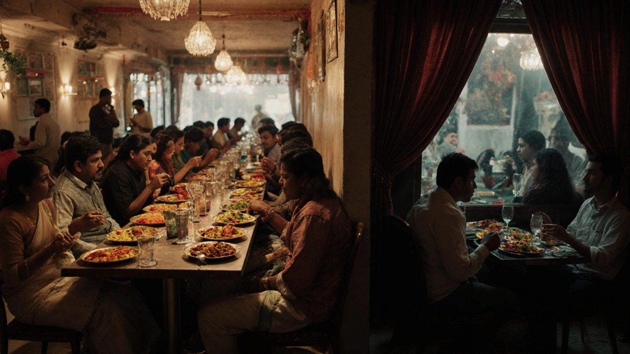 A Gujarati restaurant with separate vegetarian and non-vegetarian dining areas, lit differently and divided by a curtain.