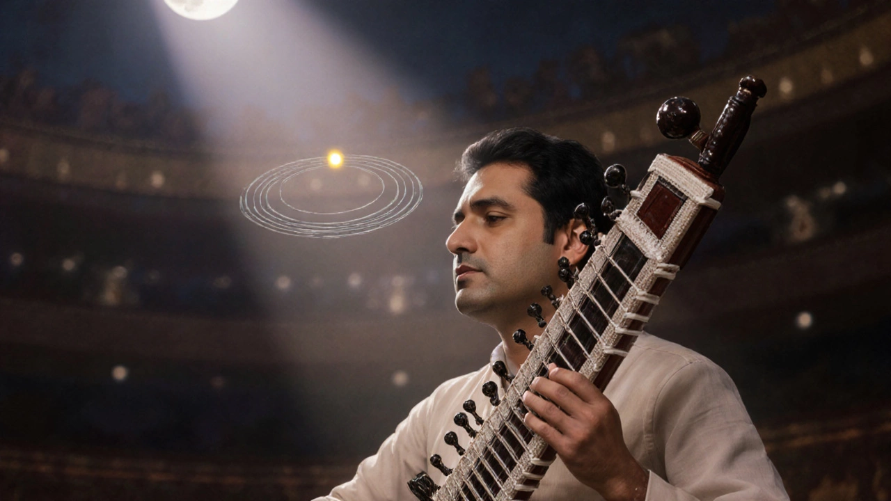 A sitarist in a dim concert hall, visually connected to glowing rhythmic pulses marking the Tali beats.