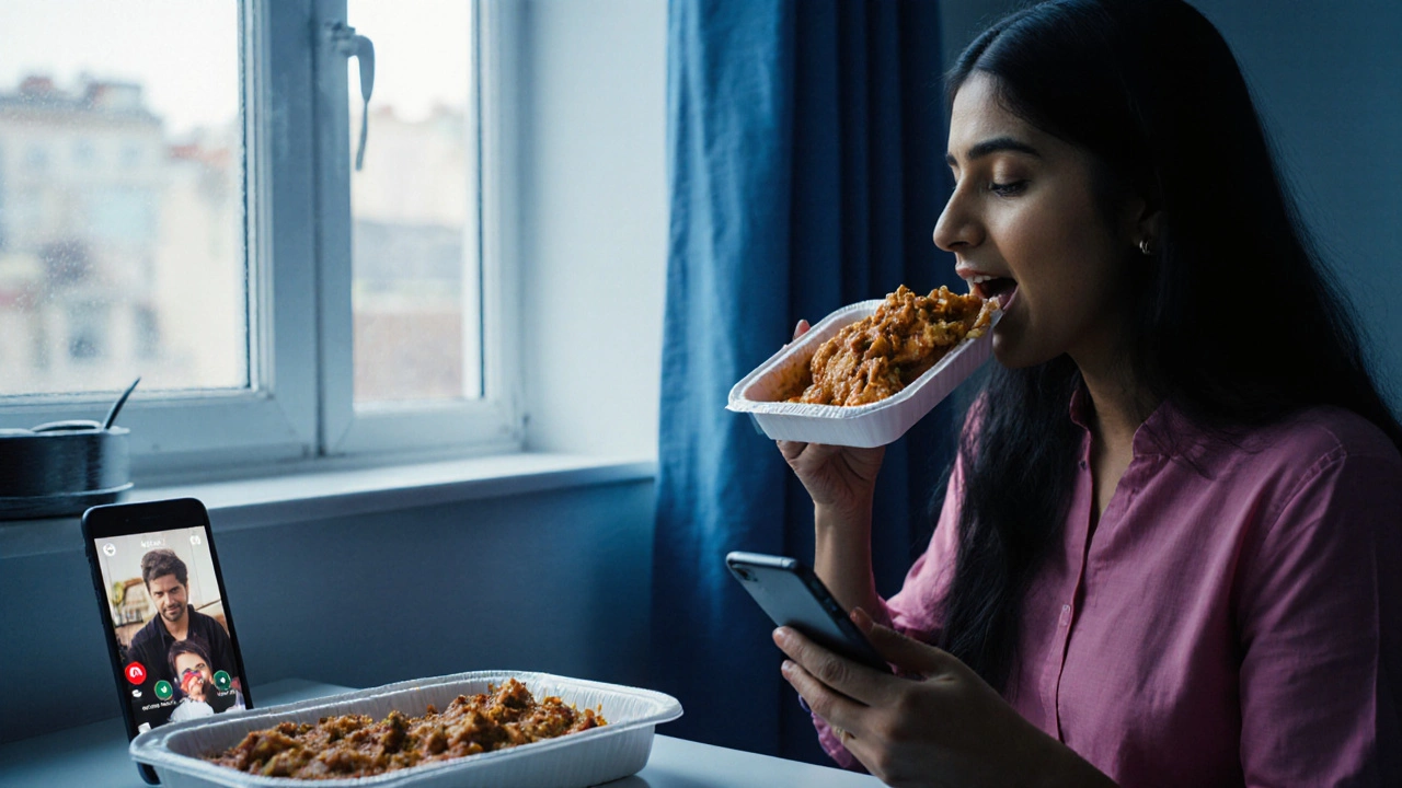 A young Gujarati woman eating chicken curry alone in her London apartment, vegetarian food untouched nearby.