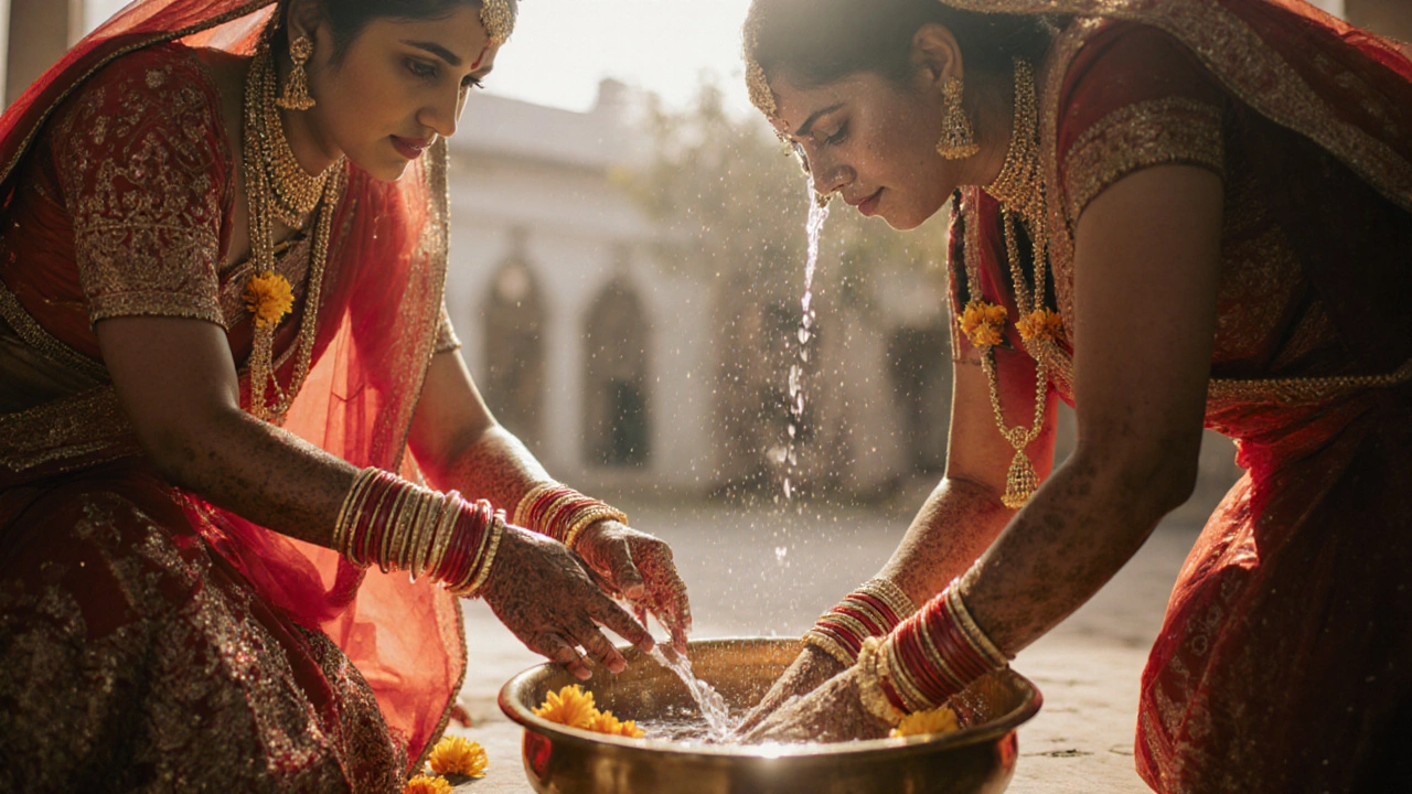Bride having her feet washed by mother-in-law in a quiet Griha Pravesh ritual with marigolds and water.