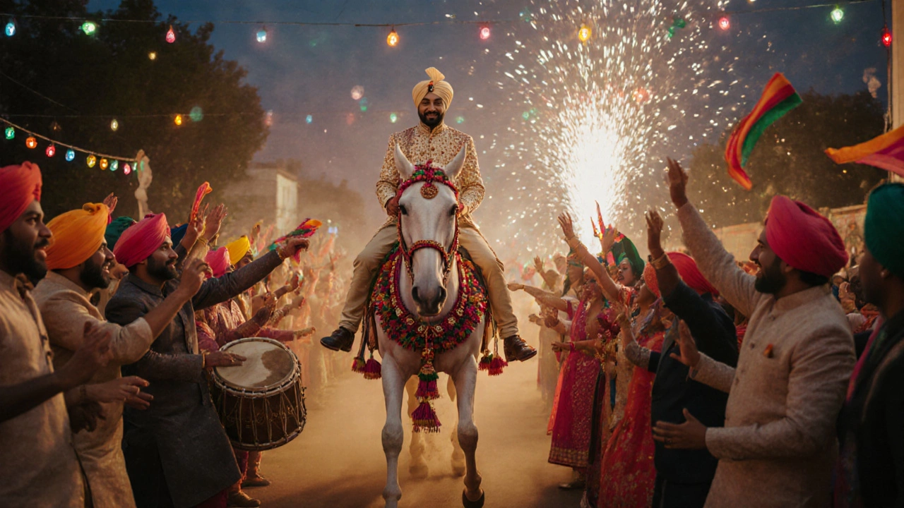 Groom arriving on a decorated horse amid dancing family and fireworks during a Baraat procession.