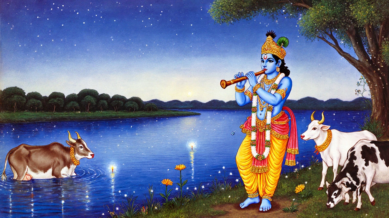 Krishna playing flute by a river at dusk, surrounded by cows and fireflies.