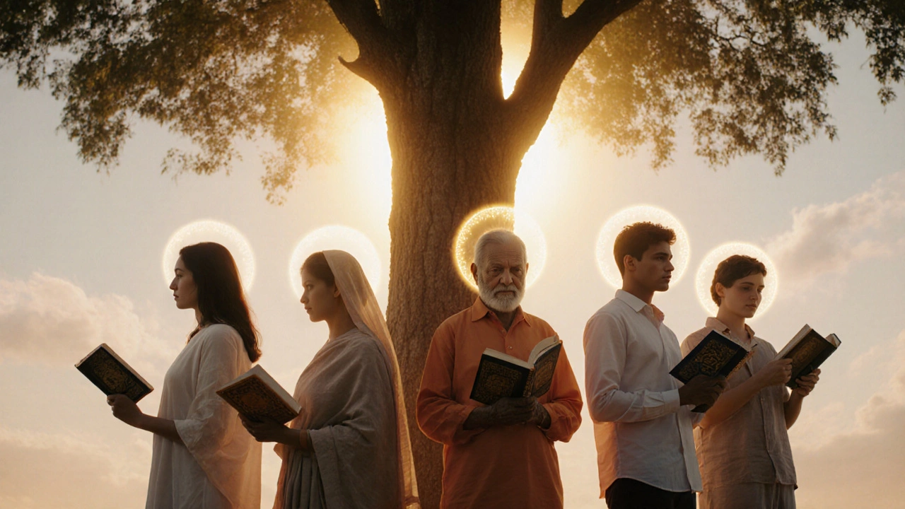 People from different walks of life holding sacred Hindu texts under a glowing tree