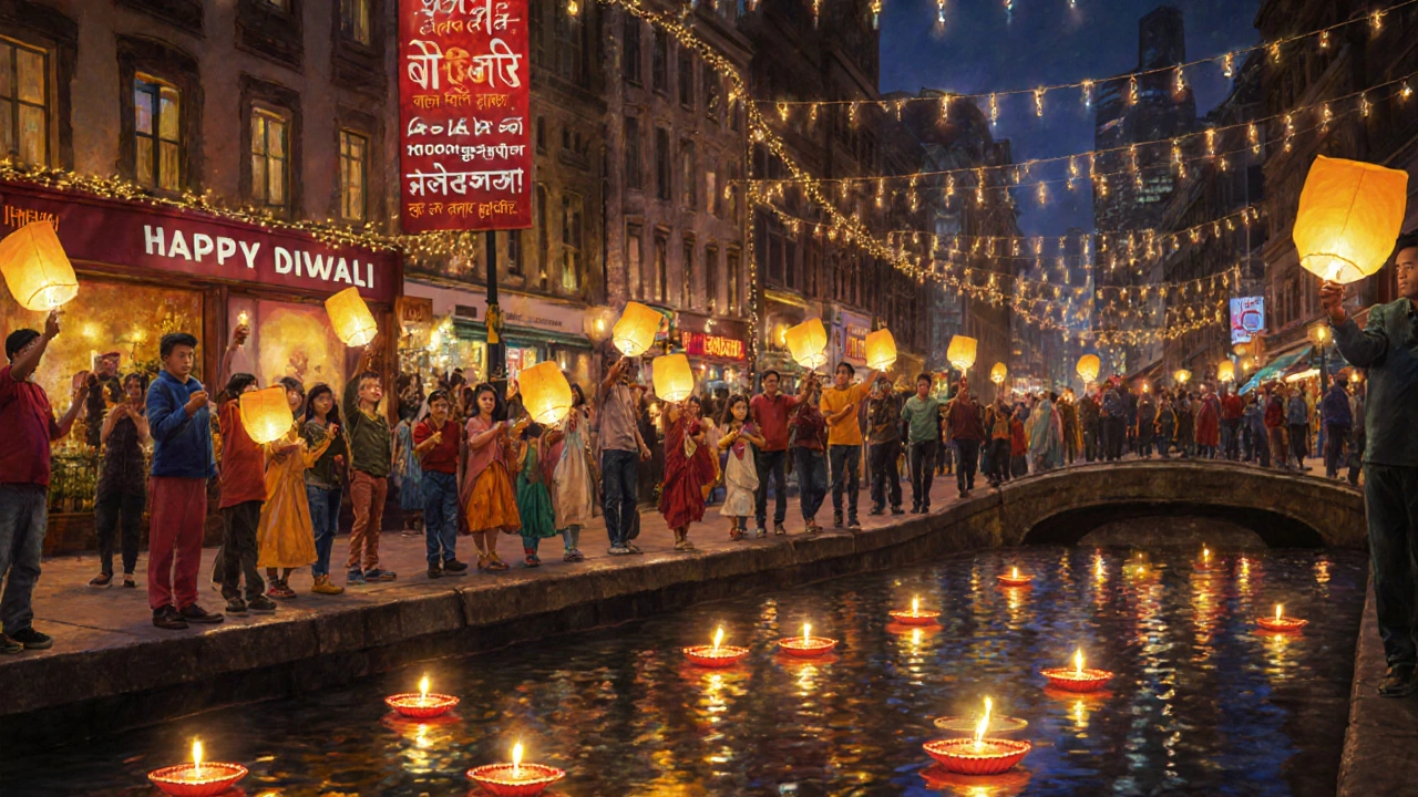 People of all backgrounds walk together holding lanterns, releasing glowing diyas into a canal at night.