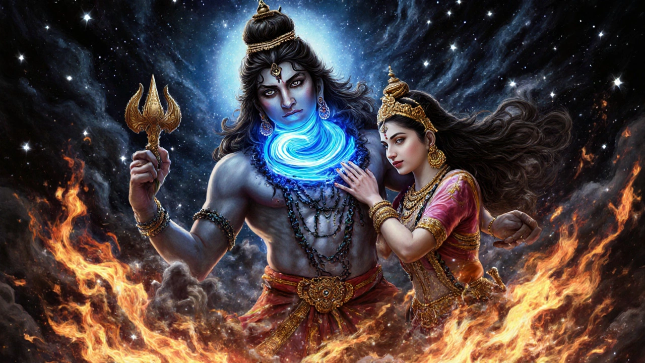 Shiva with glowing blue throat, holding back cosmic poison as Parvati restrains him.